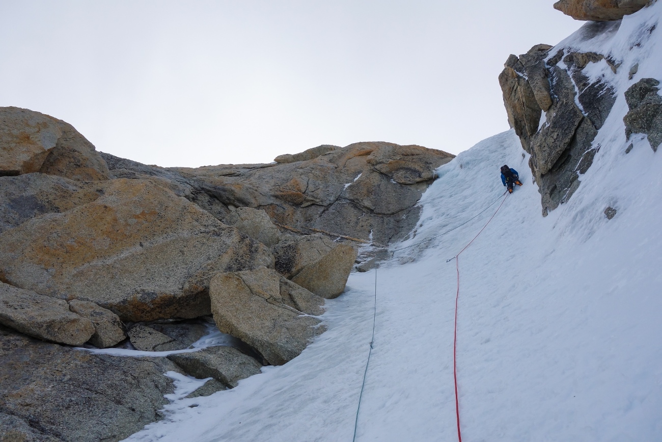 Ric dispatching the upper crux of Chere Couloir 