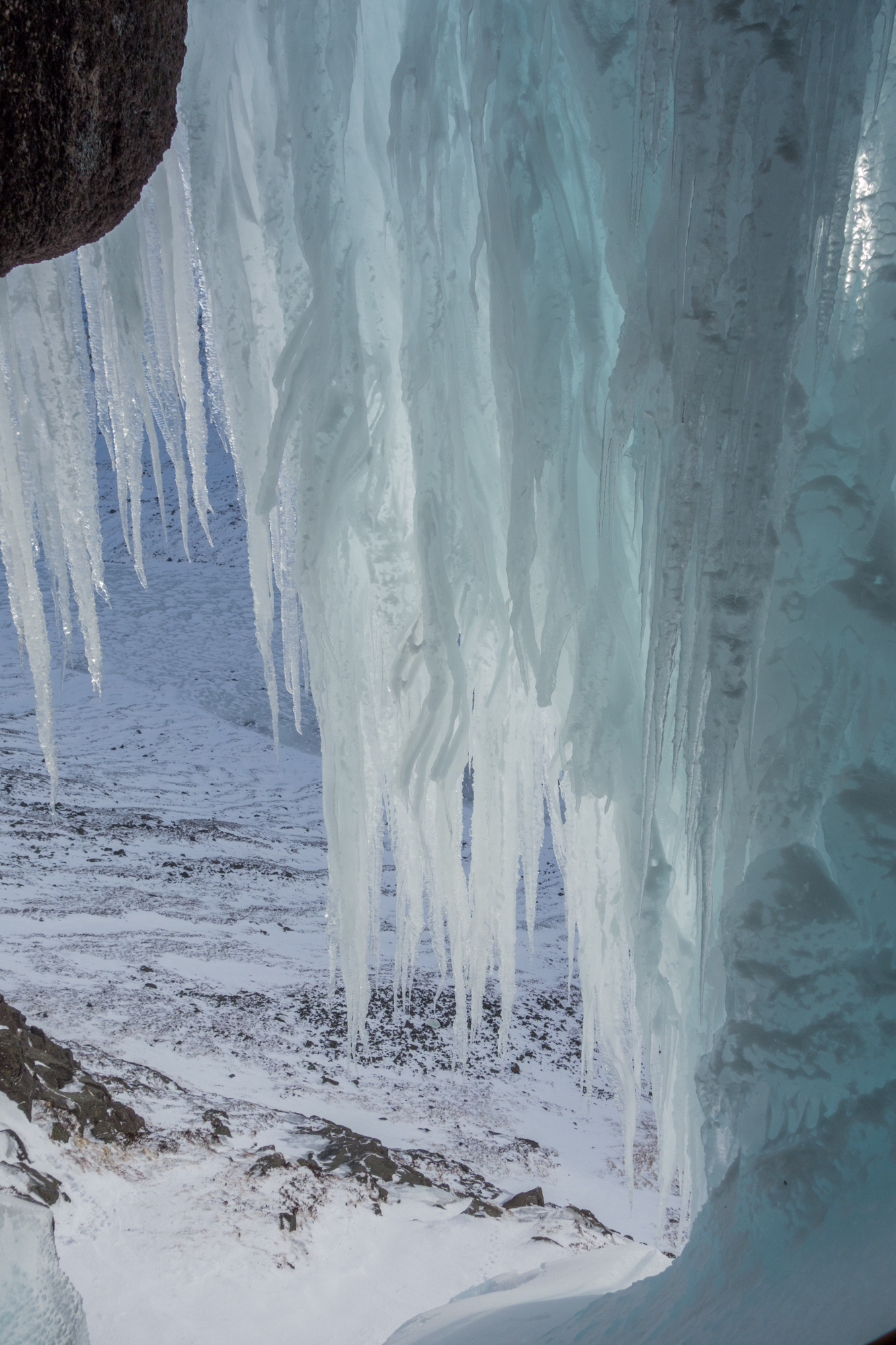 Beautiful wind-sculpted ice formations in the cave