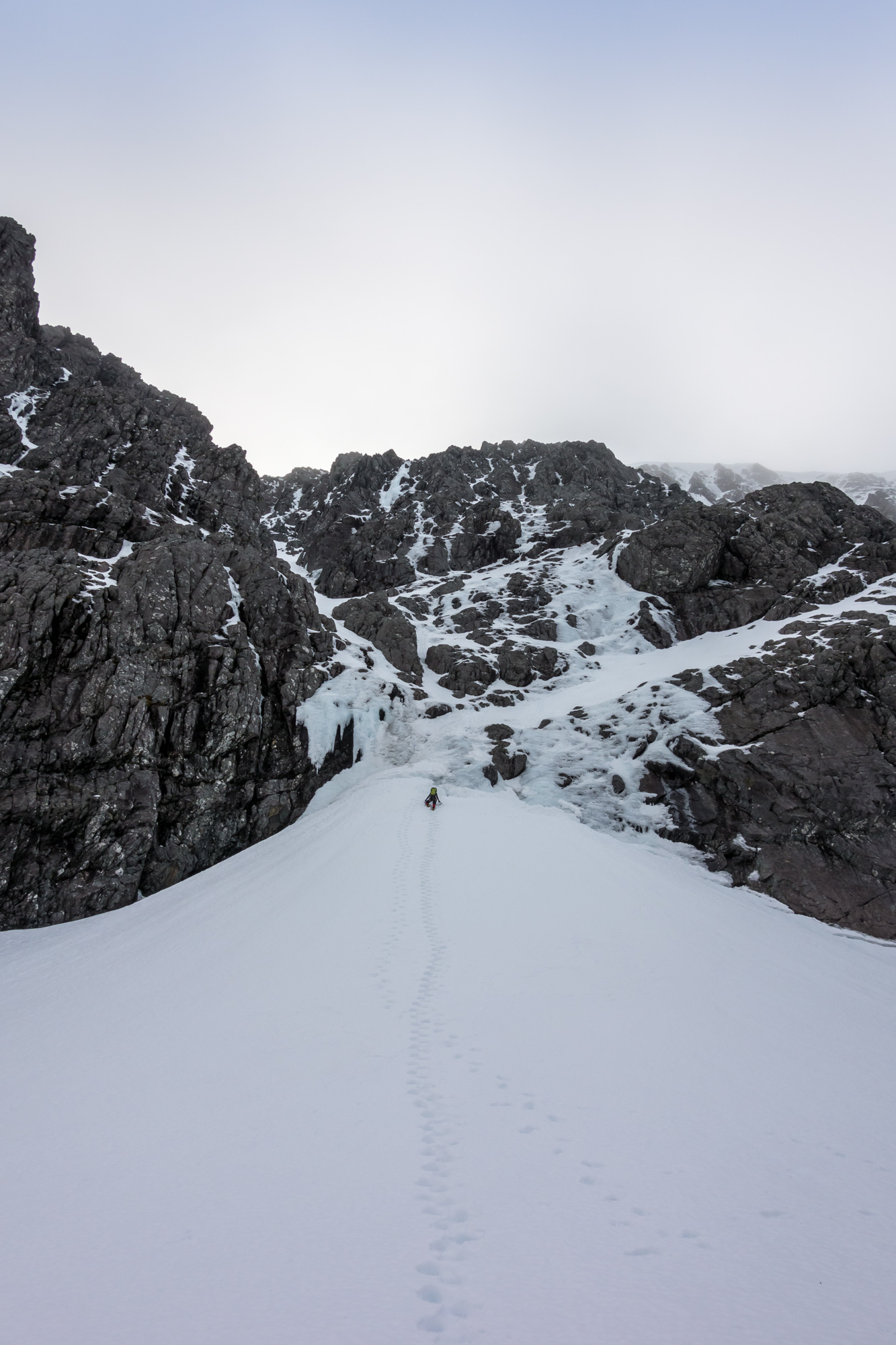 Debs finishes the long approach to The White Line. We began the route with the icefall ten metres to her right