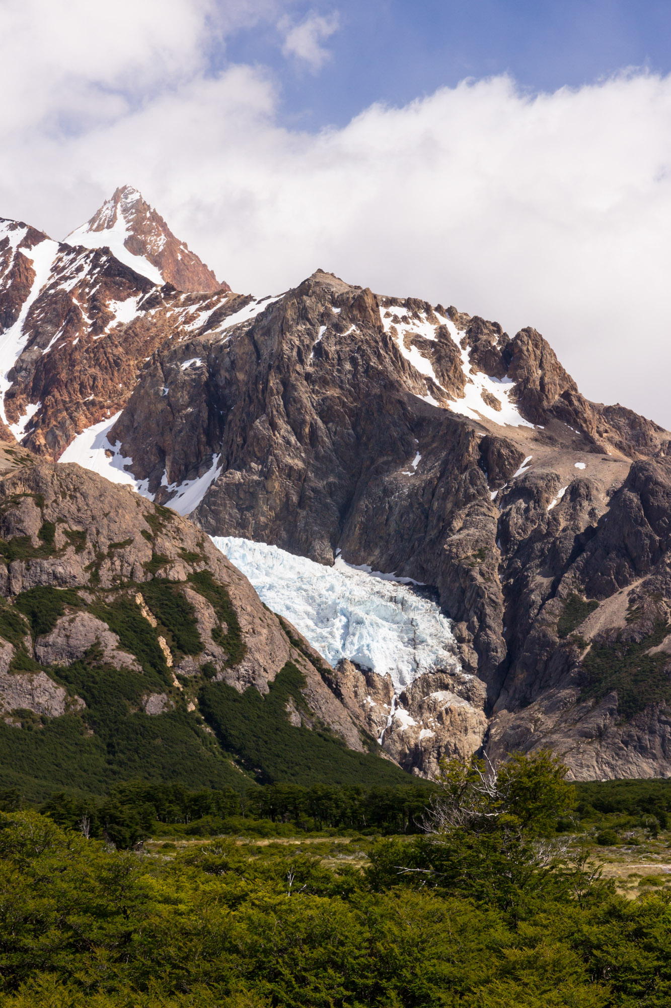 The snout of Glacier Piedras Blancas hangs above the Rio Blanco valley