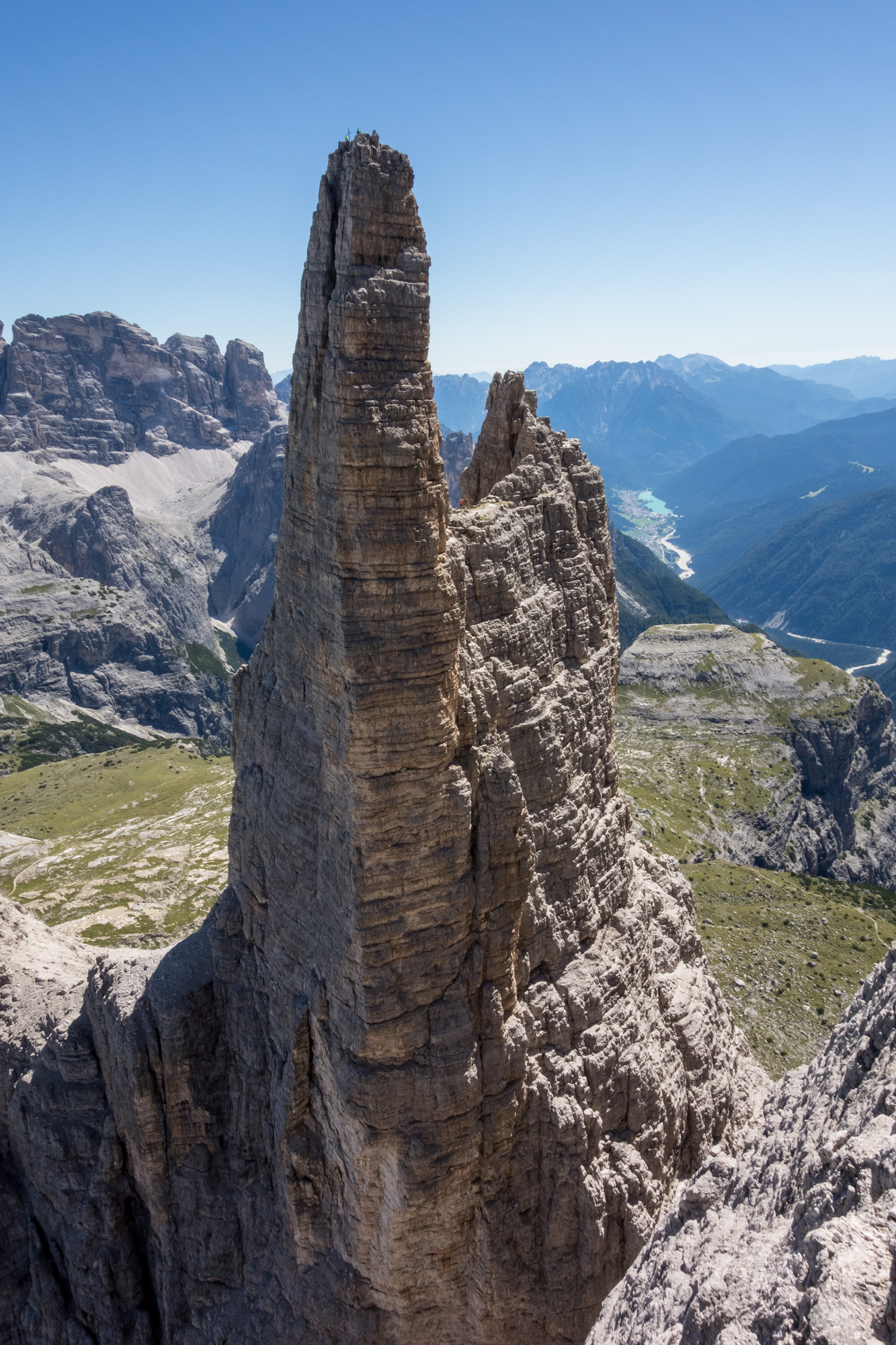 A different perspective on Cima Piccola from higher on the Dibona, with climbers just visible on the summit 
