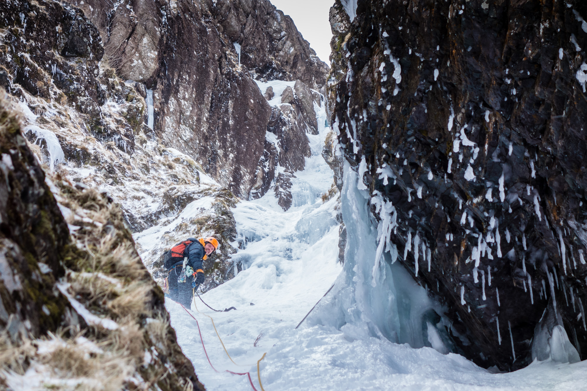 scottish winter ice climbing on no6 gully aonach dubh