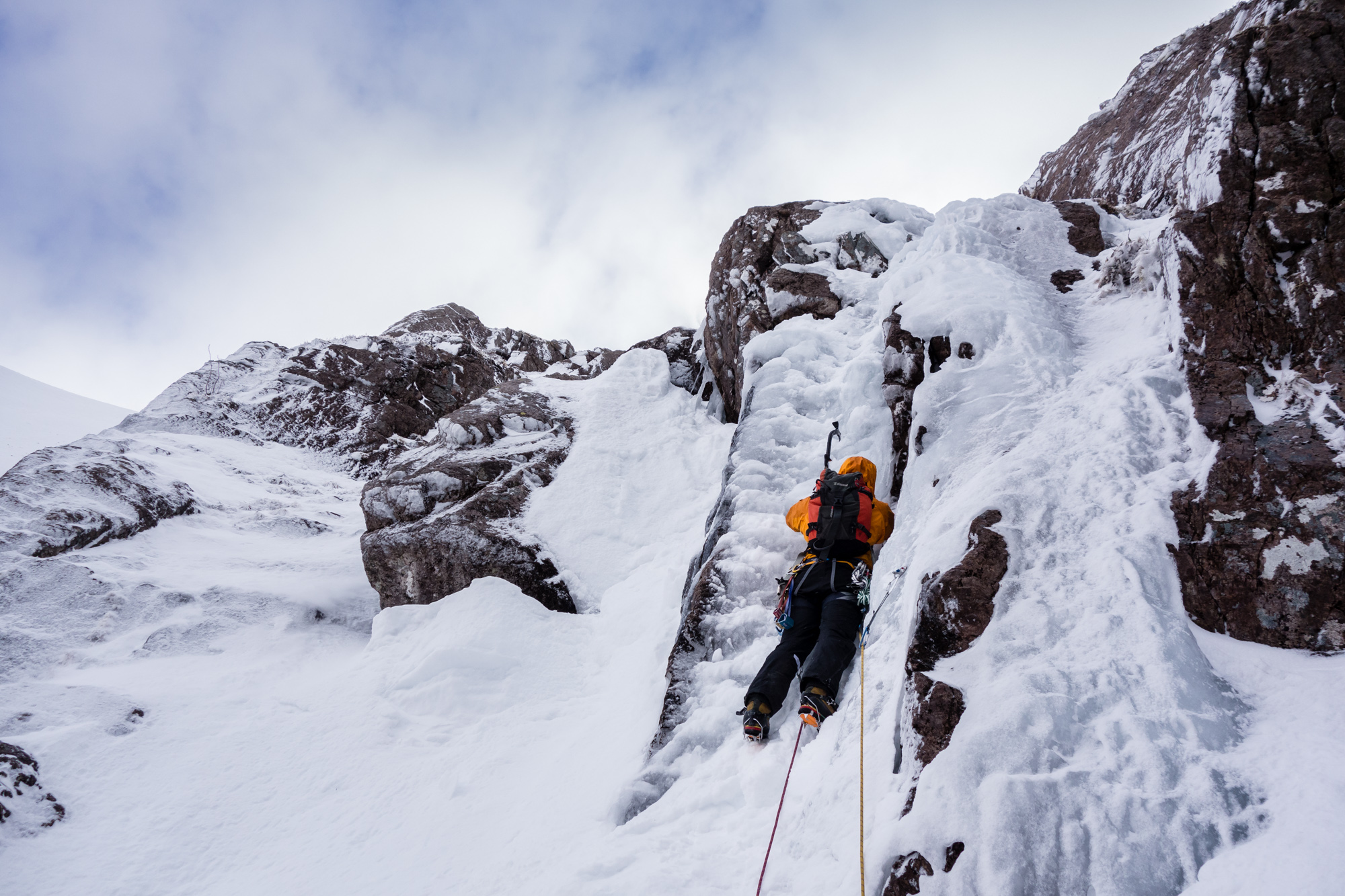 scottish winter ice climbing on no6 gully aonach dubh