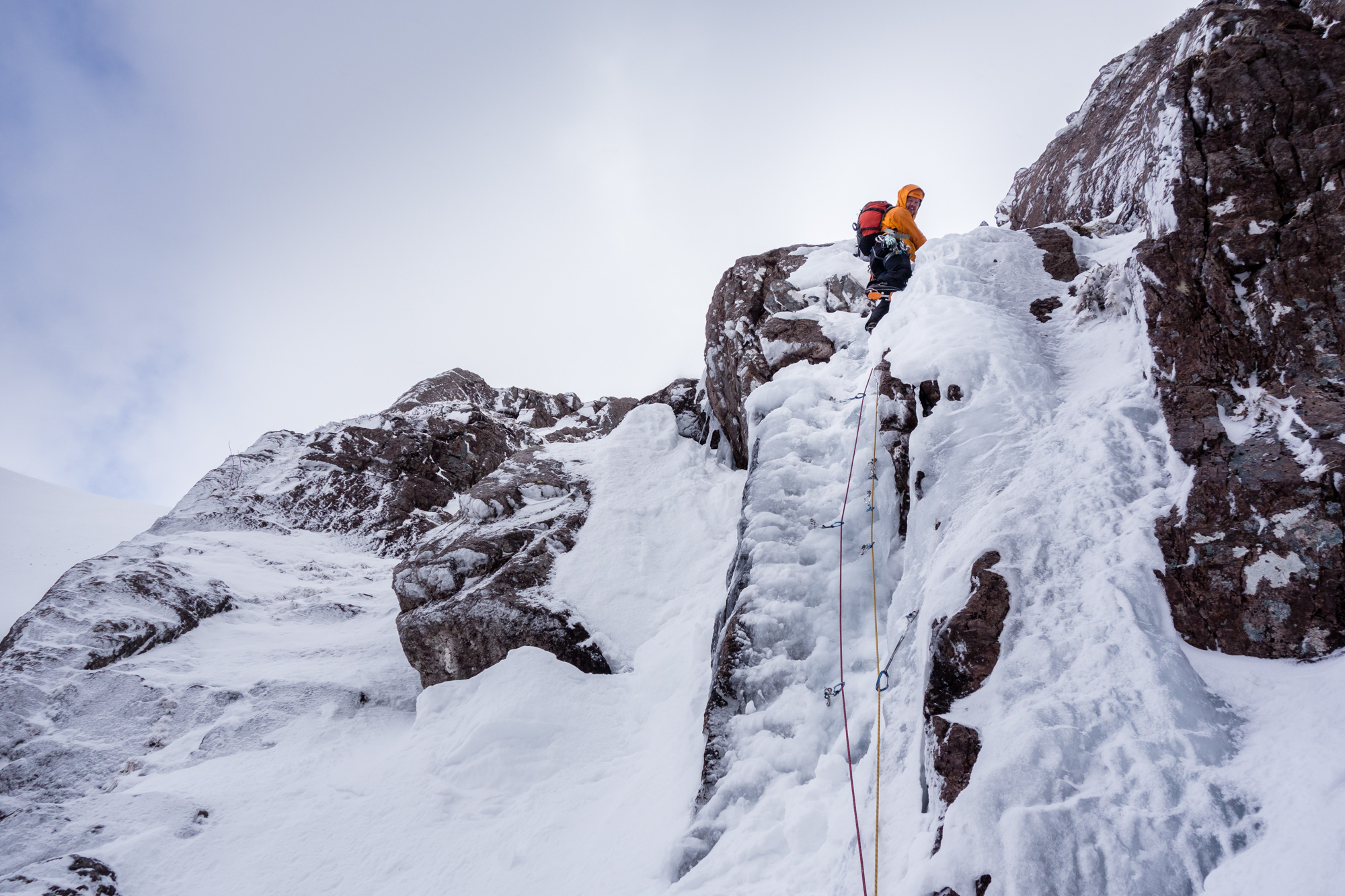 scottish winter ice climbing on no6 gully aonach dubh