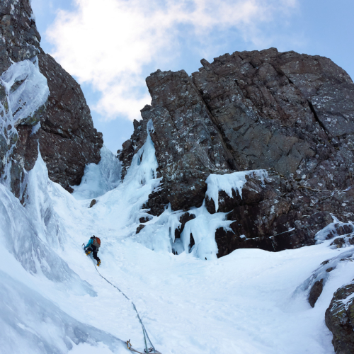 scottish winter ice climbing on boomer's requiem ben nevis