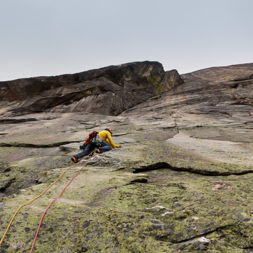 A climber on the second proper pitch of Haegar