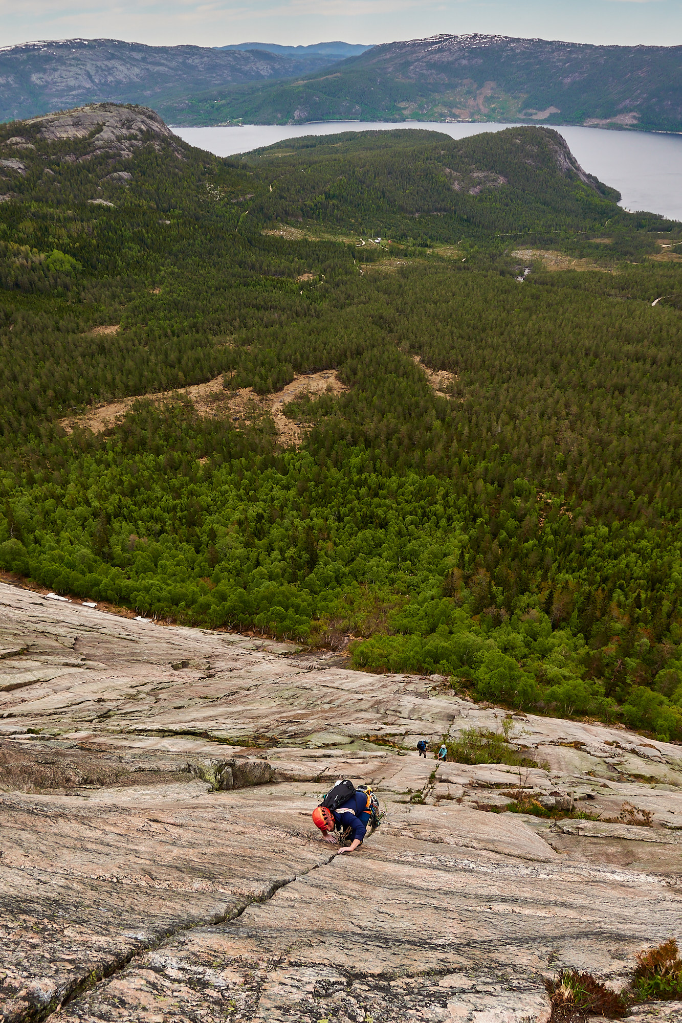 A climber on the fifth pitch of the rock climb called Reven