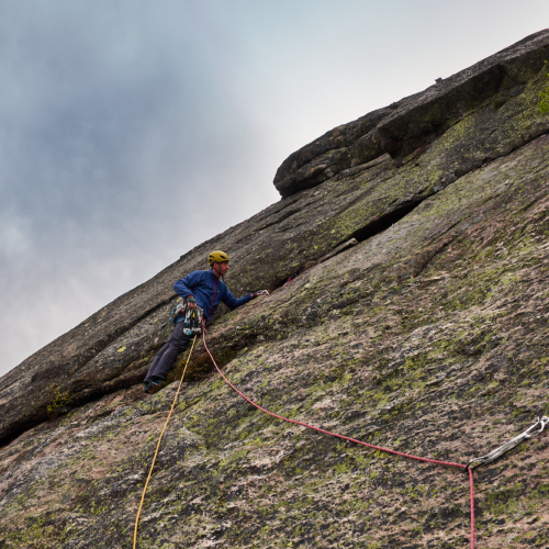 A climber on the sixth pitch of the rock climb called Reven