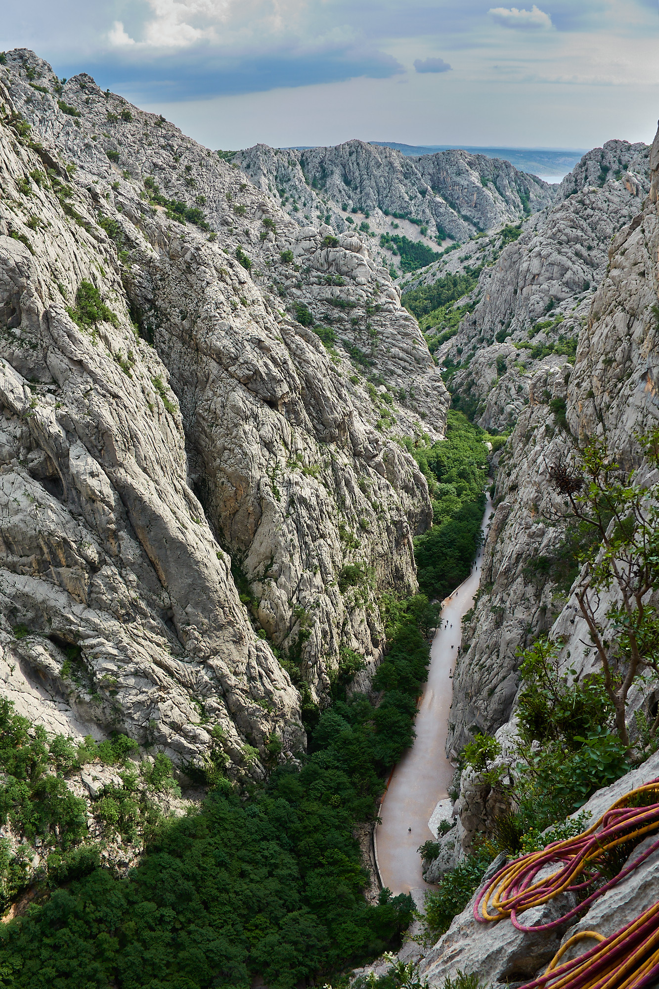 A view of some large limestone cliffs with trees below and blue sky above in the Paklenica gorge in Croatia