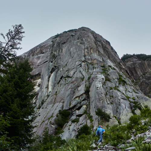 A view of the Handegg granite cliffs and slabs in the Grimsel Pass from near the bottom of Fairhands Line