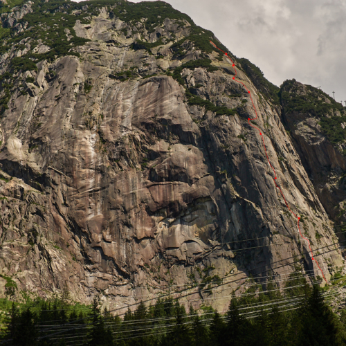 A view of the Handegg granite cliffs and slabs in the Grimsel Pass