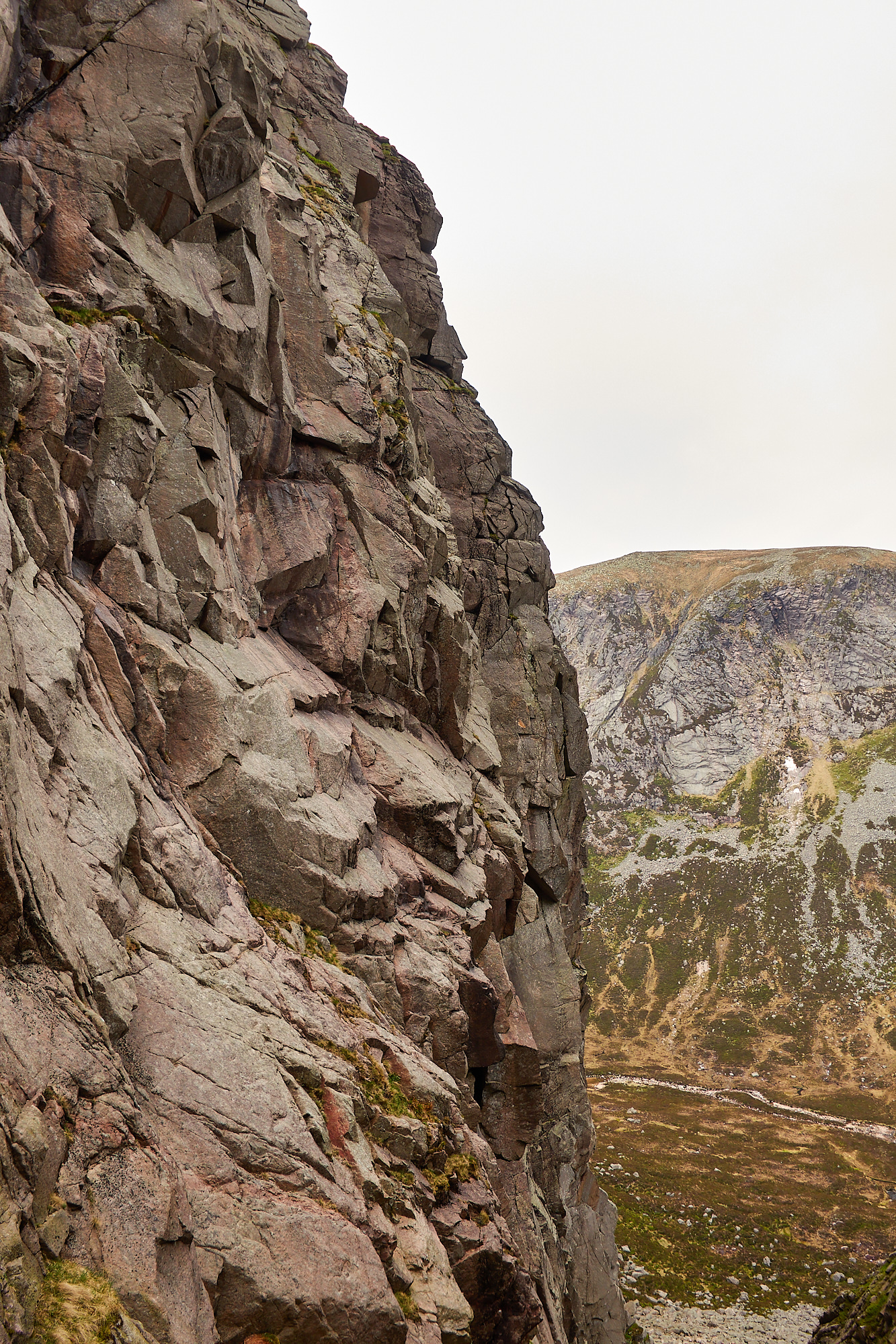 A very steep pink and grey granite cliff with a series of slabs and overlaps cut by vertical cracks. A mountain with more slabby cliffs and heathery slopes lies in the background beneath a grey sky